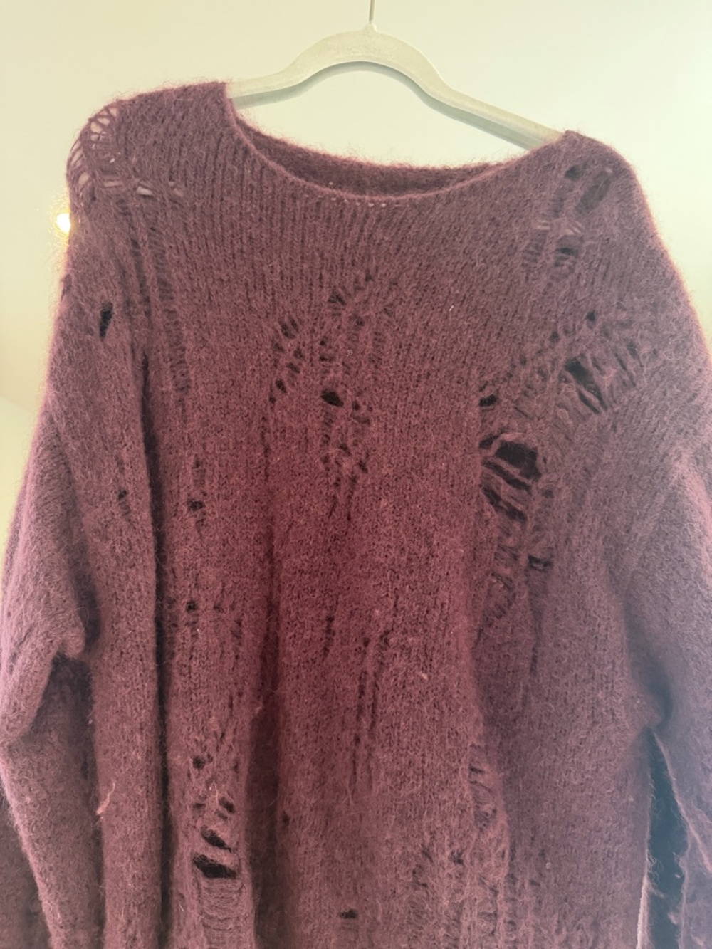 Cozy Distressed Mohair-Blend Sweater in Plum